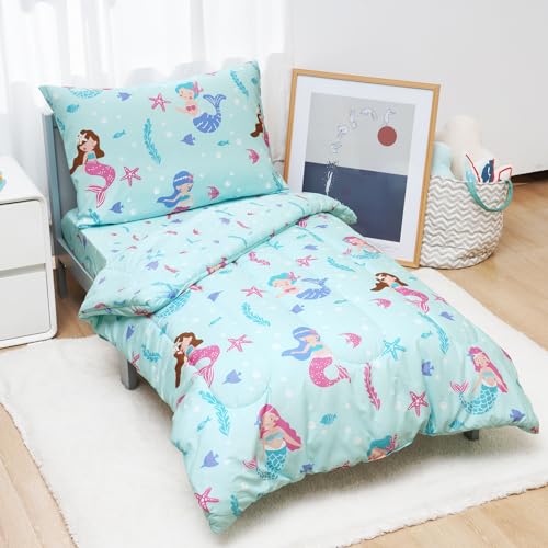 Image of david's kids 4 Piece Toddler Bedding Set - Soft Breathable Toddler Bedding Set for Boys Girls, Includes Quilted Comforter, Flat Sheet, Fitted Sheet and Pillowcase, Mermaid