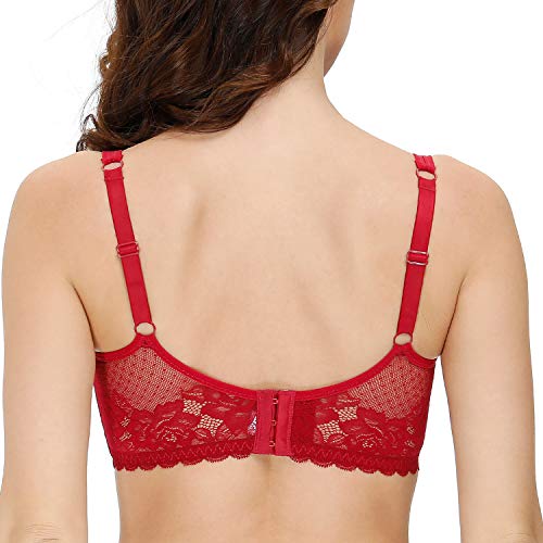 Yandw See Through Sheer Lace Mesh Unlined Bra Full Coverage Plus Size Bralette Sexy Unpadded Minimizer Red, 42C #TOP2