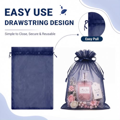 Image of FUNFERY 100PCS Navy Blue Sheer Organza Bags 4x6 in, Goodie Bags Bulk | Small Mesh Gift Bag with Drawstring for Wedding Party Favor, Drawstring Pouch for Jewelry, Sachet Bags for Treat, Candy, Soap