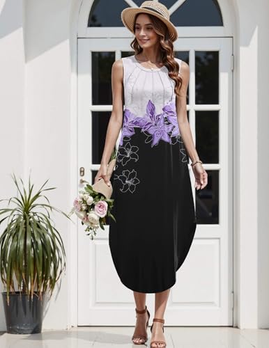Image of Zeagoo Women Floral Summer Casual Beach Printed Tank Dress with Pockets Pleated Front Long Dress