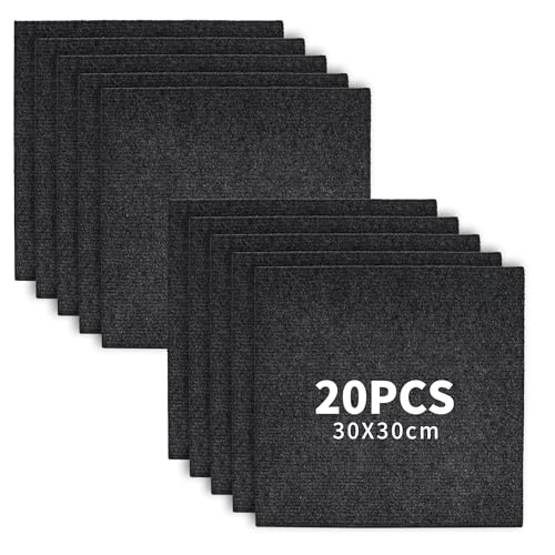 Aramanara 20 Pcs Self Adhesive Carpet Tiles, 30 x 30 cm Non-Slip Hard Wearing Carpet Floor Tile, Easy to Peel and Stick Square Carpets Tile for Office, Living Room, Bedrooms(Dark Grey)