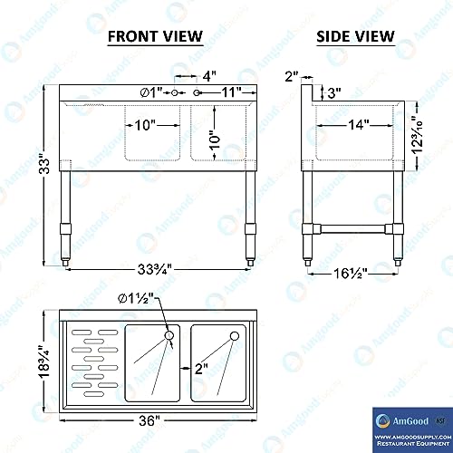 Image of AmGood 36 in. x 19 in. Two Compartment Under Bar Sink With 12 in. Right Drainboard | Stainless Steel Commercial Two Bowls Underbar Sink NSF.