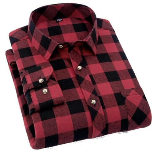 Image of Long Sleeve Flannel Shirt, Men's Casual Plaid Shirt, Red