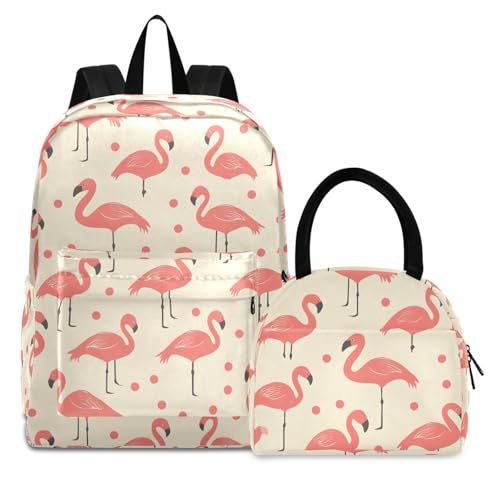 Backpack Lunch Bag Set Cartoon Flamingo Print, Big Storage Travel Backpacks with Insulated Lunch Box for Office Hiking Picnic