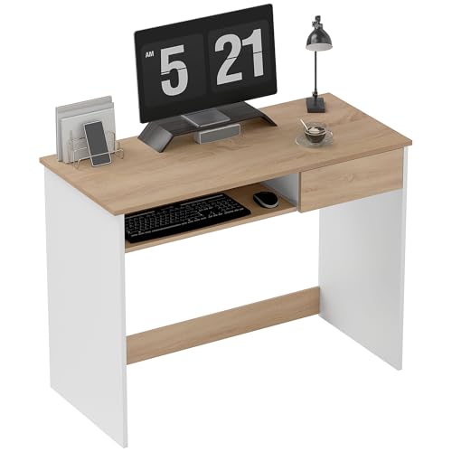 HOMCOM Escritorio Compacto de 100cm con Bandeja para Teclado, Escritorio de Oficina con Cajón para Dormitorio Estudio, Roble