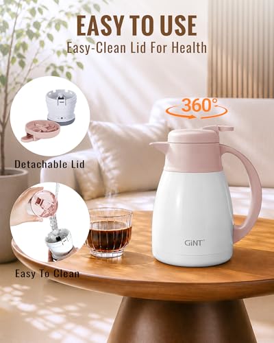 Image of GiNT Insulated Coffee Carafe 34 Oz, Small Stainless Steel Flask for Hot Coffee with Fully Washable Detachable Lid, Portable Thermal Pitcher One-Hand Push Button Tea Dispenser for Travel Camping Office