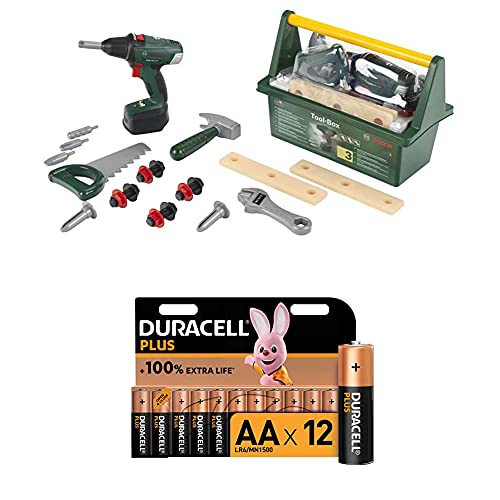 Theo Klein 8520 Bosch Werkzeug-Box I Mit Hammer, Säge, Rollgabelschlüssel und vielem mehr I inkl batteriebetriebenem…