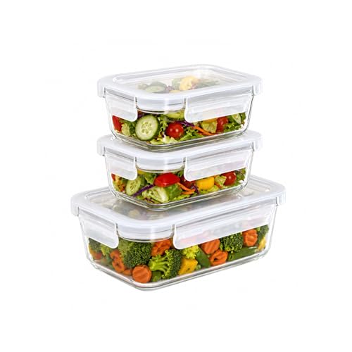 Image of Essentia Glass Lunch Box Borosilicate Container with Leakproof 4-Way Lock Lid, Removable Silicone Gasket, Microwave & Freeze Safe, Dishwasher Safe (2x370ml + 1x1050ml)
