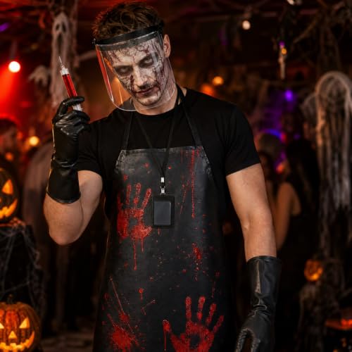 cosmisun 7Pcs Halloween Butcher Costume Men Scary Cosplay Party Accessories | Waterproof Apron, Face Shield, Black Gloves, Fake Knife, Fake Syringe Pen, ID Badge Holder, Horror Costumes Dress Up Outfit - image 4