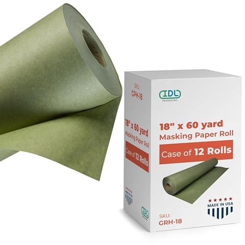 IDL Packaging Premium 18" x 60-Yard Green Masking Paper Roll (Case of 12) - Masking Paper with Oil and Water Resistance - Kraft Material to Protect Surfaces - Perfect for Automotive Painting