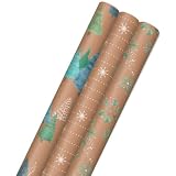 Hallmark Papel de regalo reciclable con líneas de corte en el reverso (3 rollos: 90 pies cuadrados) Naturaleza invernal: marrón kraft con copos de nieve blancos, árboles de