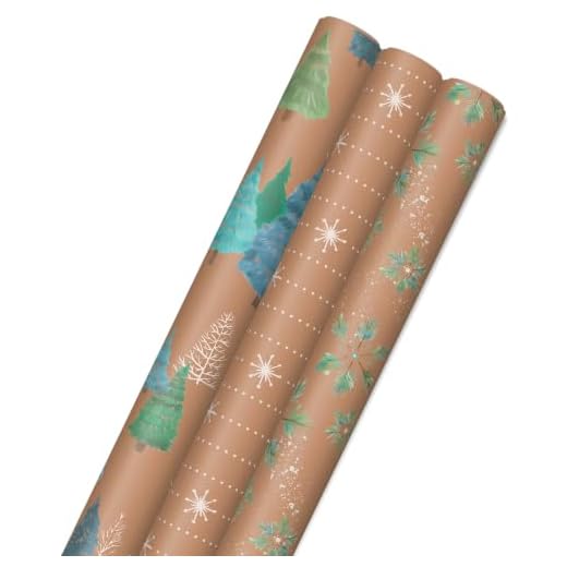 Hallmark Holiday Sustainable Kraft Tri-Pack with Cut Lines on Reverse (3 Rolls: 90 sq. ft. ttl) Wintry Nature: White Snowflakes, Blue and Green Foliage, Christmas Trees, Sustainable Holiday Wrap (0005JXW1051)