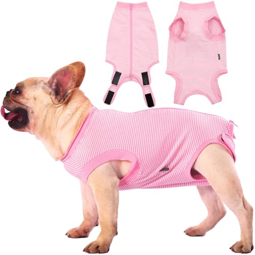 Image of Dog Recovery Suit Pink Female Spay Surgical Medium Shirt, Male Surgery Recovery Suit,Pink-White Striped M