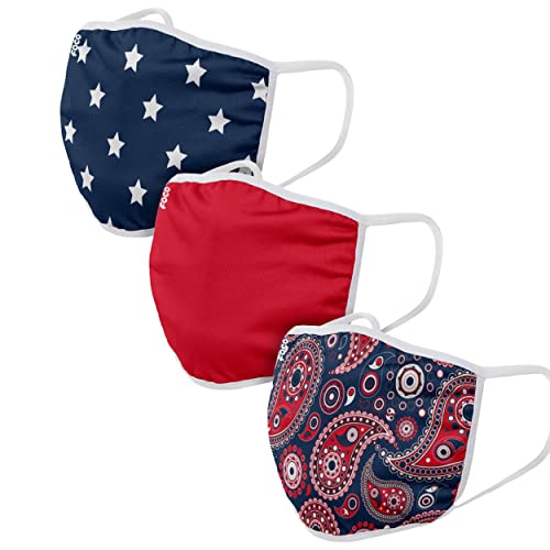 FOCO Standard Reusable Washable Breathable Cloth Fashion Mask, Red White & Blue Face Cover 3-Pack, Adult