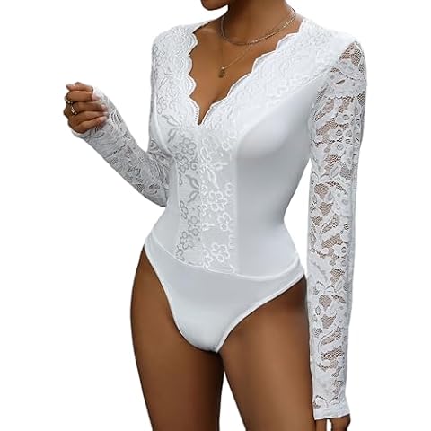 LERENSHA Lace Bodysuit Tops for Women Sexy Deep V Neck Floral Long Sleeve Y2K Shirts Mini See Through Blouse White Cover