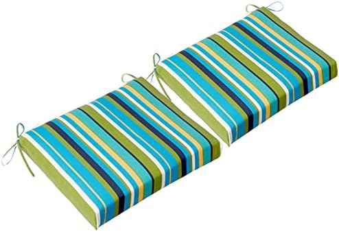 Pillow Perfect Stripe Outdoor Patio Seat Cushion with Ties, Plush Fiber Fill, Weather, and Fade Resistant, Square Corner - 16" x 18.5", Blue/Green Topanga, 2 Count