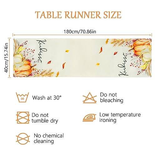 AUAUY Orange Pumpkins Ears of Wheat Table Runner, Seasonal Autumn Thanksgiving Table Decoration for Indoor Outdoor Home Party, Pumpkins Maple Leaves Printing Table Decor for Kitchen Dining 40x180cm - Image 3