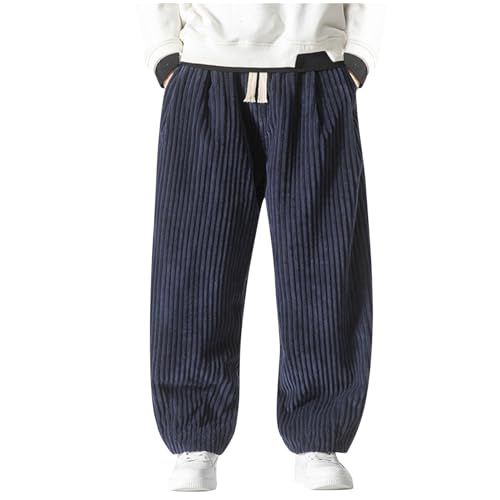 Finelylove Baggy Corduroy Pants Men Vintage Loose Fit Wide Leg Sweatpants Elastic Waist Long Trousers Heavyweight