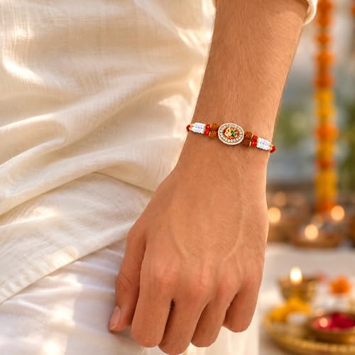 Image of Peora Rakhshabandhan Thread Rakhi for Brother Bhaiya | Crystals & Kundan Studded | Combo, Set of 3 | Rakhi Hamper with Roli Chawal & Greeting Card