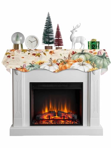 Fall Green Orange Pumpkins Fireplace Mantel Scarf 90x17 Inches, Maple