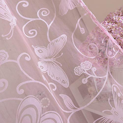 Haoun 2Pcs Butterfly Flocking Voile Tulle Sheer Curtain Window Panel Drape 39.4X78.8 - Pink #TOP5