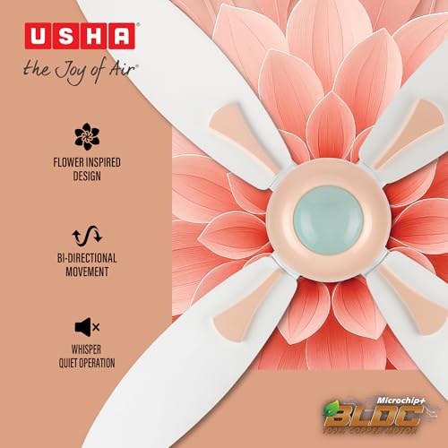 Image of USHA Bloom Series Dahlia 100% Copper Motor 4-Blade BLDC Ceiling Fan | Bi-Directional | Sleep /Boost /Timer Modes | RF Remote | Dust-Resistant |3Y Motor & 2YPCB Warranty(White & Misty Rose)