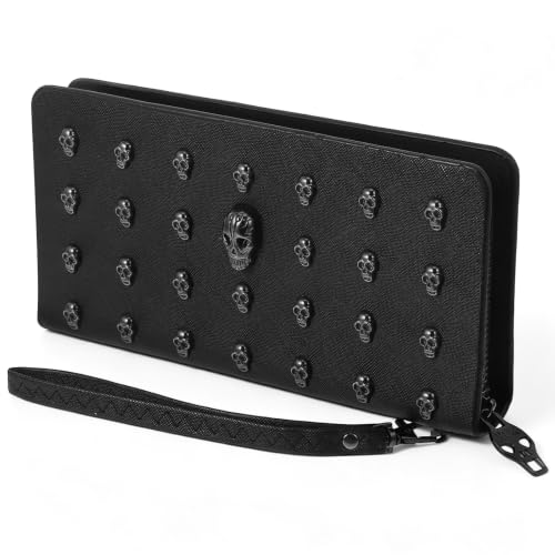 Image of OFKPO Faux PU Leather Long Zipper Wallet Purse with Skull Plated for Women (Black)
