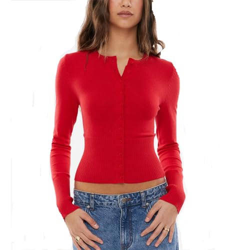 Image of Women Y2K Button Down Knitted Tops Long Sleeve Slim Fit Ribbed Tee Tops Open Front Casual Cardigan