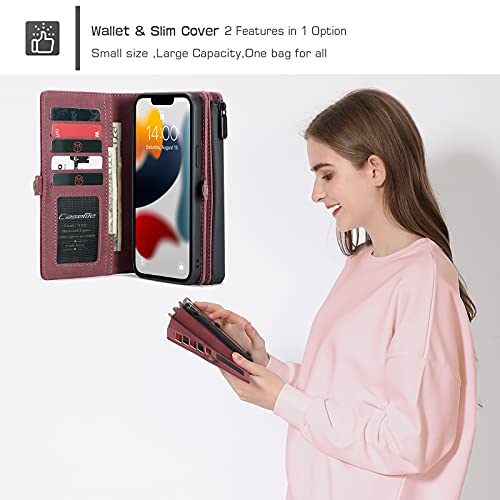 Caseme Wallet Case Compatible With Iphone 13 Pro Max, Durable Pu Leather Magnetic Detachable Zipper Pouch Pocket Flip Phone Case For Iphone 13 Pro Max Case With Card Holder For Women/Men, 6.7", Red #TOP7
