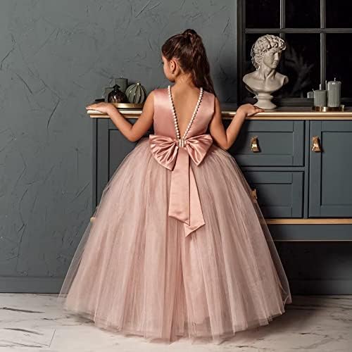 ZHengquan Bloem Meisjes Satijn Tule Prinses Jurk Voor Bruiloft Pageant Jurken Kids Parels Prom Jurk met Boog-Knoop, Paars, 3 jaar