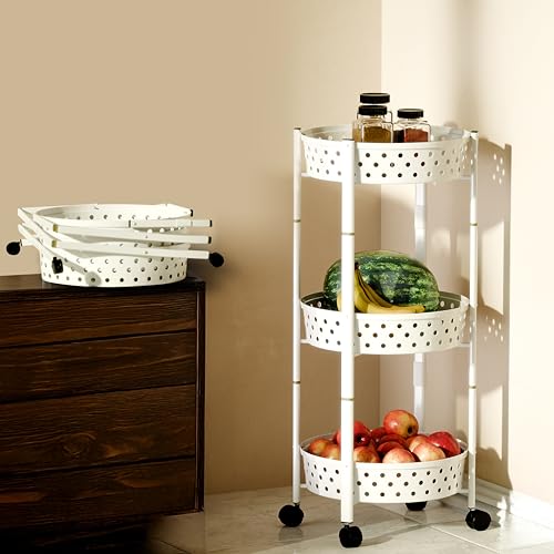 Image of Lifelong Kitchen Storage Rack|3-Layer Baskets|Foldable & Rolling Storage Cart|Trolley with Wheels|Vegetable Stand|Onion, Potato & Fruits Rack for Kitchen Organizer (LLKAFB03, White)