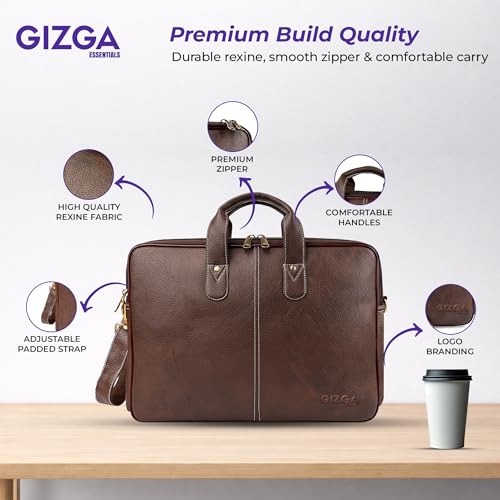 Image of Gizga Essentials Laptop Bag fits Upto 16 Inch Laptops /MacBook| Synthetic Leather Office Messenger Bag with Padded Compartments, Multiple Pockets, Premium Zipper, Adjustable Strap, Dual Handles (Tan)