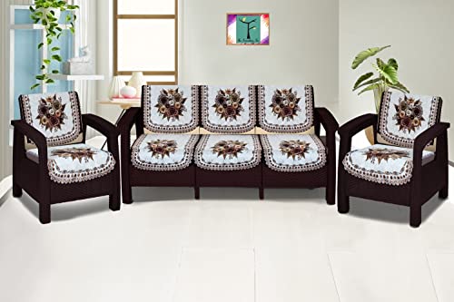 Image of The Furnishing Tree Velvet Floral Pattern 10 Pieces 5 Seater Sofa Cover Set Beige