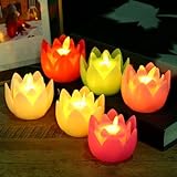 Diwali Lot de 6 bougies de table LED Lotus 7,6 cm Lampes électroniques Bouddhiste Fonctionne avec piles Lumière blanche chaude pour décoration de maison, temple de bureau, centre de table