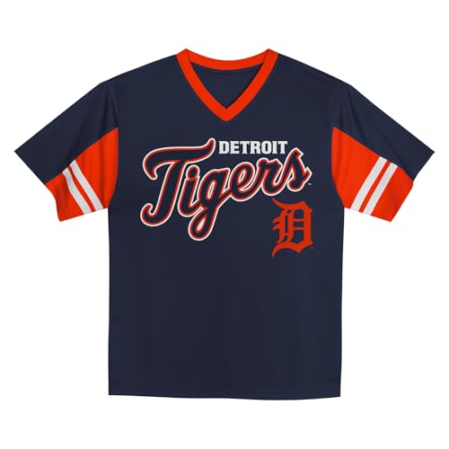 MLB Kids Youth Boys 4-18 Officially Licensed Team Color Primary Logo Baseball Fashion Top V-Neck Jersey, Detroit Tigers - Navy, 4-5