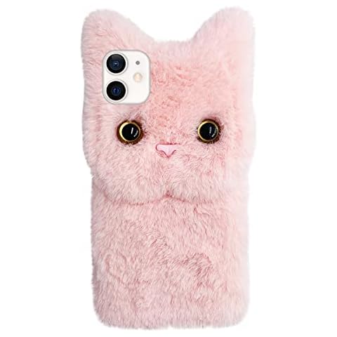 Mikikit Cute Fluffy Girly Case for iPhone 11 Kitty 3D Furry Kawaii Gift 3D Stuffed Plush Cover Women Soft Rabbit Fur Phone Shell Animal Protective Case for iPhone 11 Pink Cover