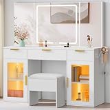 DWVO 56" LED Vanity Desk with Tri-Fold Mirror & Lights, RGB Glass Storage, 3 Drawers