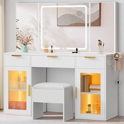 DWVO 56" LED Vanity Desk with Tri-Fold Mirror & Lights, RGB Glass Storage, 3 Drawers