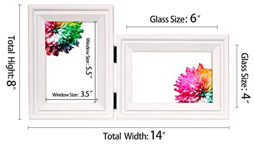 Vertical Horizontal Combo, Double 4x6 White Wood Foldable Picture Frame with mat for 3x5, Opening 3.5x5.5, Desktop or Wall Mounted, Portrait and Landscape View
