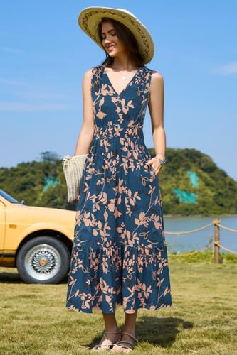 Newshows Summer Dresses for Women UK V Neck Sleeveless Midi Casual Vacation Sundress with Pockets(Dark Green Floral Apricot,M) - Image 2