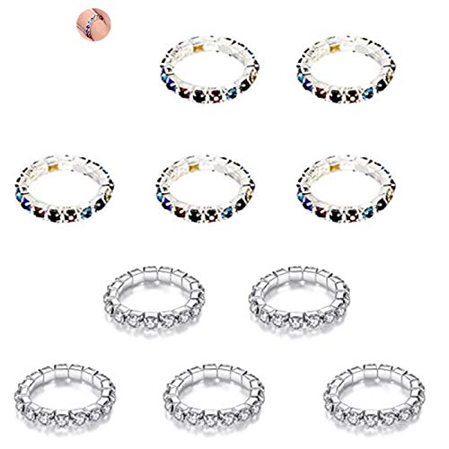 JinYu 10 Stück Strass 1 Reihen Frauen Stretch Elastic Fingerring Ehering Ring Set Silber/Bunter Ton Cover