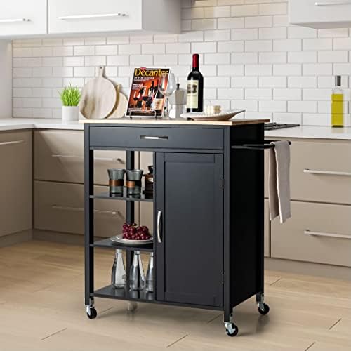 COSTWAY Kitchen Island on Wheels, Mobile Storage Trolley with 3-Tier Open Shelf, Deep Drawer and Single Door Cabinet, Woden Serving Utility Cart Organiser for Dining Room Bar Restaurant (Black)