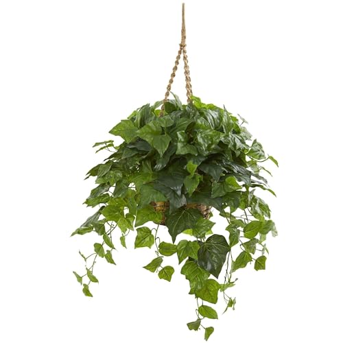 Nearly Natural London Ivy - Cesta Colgante Artificial (Tacto Real), diseño de Plantas de Seda, Color Verde