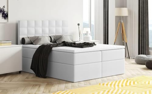 Moderne Boxspringbett MERA Premium Bett mit Bettkasten Ziernähten Bonell Matratze H3 Federkern Topper T25 Polsterbett Doppelbett Schlafzimmer (Weiß Kunstleder: MADRYT 120, 120 x 200)