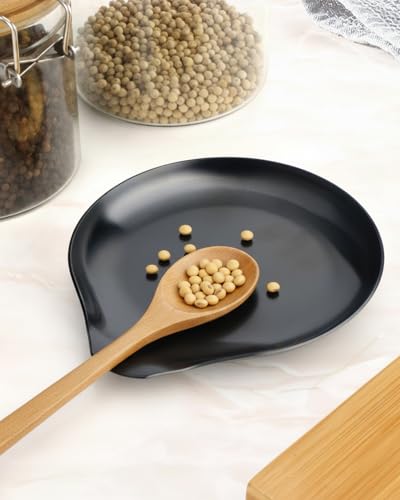 Image of VanlonPro Stainless Steel Spoon Rest, Spatula Ladle Holder, Stainless Steel Utensil Spoon Rest Holder, Brushed Finish, Dishwasher Safe 5.9 x 5.1 Inch (Round Black 1PC)
