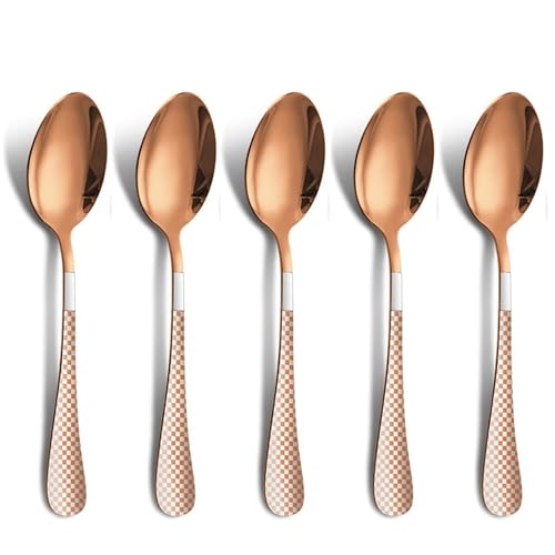 Image of Dinner Spoon Set of 5 ? 8.1 inch Rosegold Finish Tablespoons with Checks Printed Handle, Durable Stainless Steel & Dishwasher Safe Silverware for Home, Restaurant, and Gifting