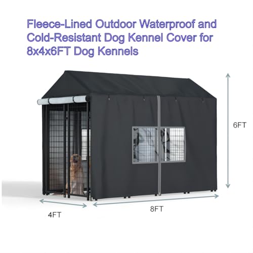 LYBOSH Dog Kennel Cover 8.1x4.1x6ft - Heavy Duty Waterproof Winter Insulated Cover with Transparent Windows & Fleece Lining for Outdoor Pet Cages, Black by LYBOSH - Image 2