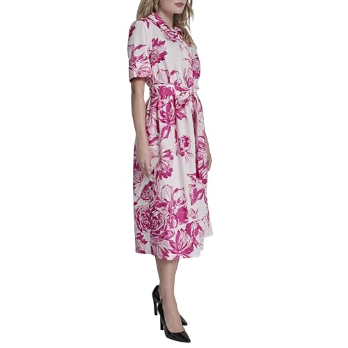 Image of DKNY Women's Short Sleeve Cotton Poplin Collared Midi Shirtdress