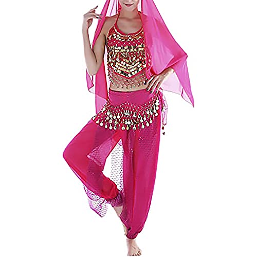 Image of VRITRAZ Women's Chiffon Belly Dance Sequin Chiffon Top, Harem Pants and Hip Scarf Ringy Fancy Pants (Pink)