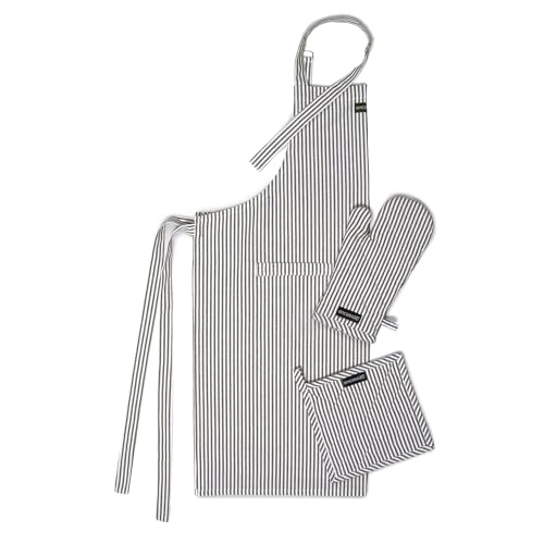 Image of Encasa XO 100% Cotton Apron Set for Women & Men with Adjustable Apron, Oven Gloves & Pot Holder (Pack of 3) Combo, Heat-Resistant, Soft & Durable for Cooking, Baking & Grilling (Ticking Black)